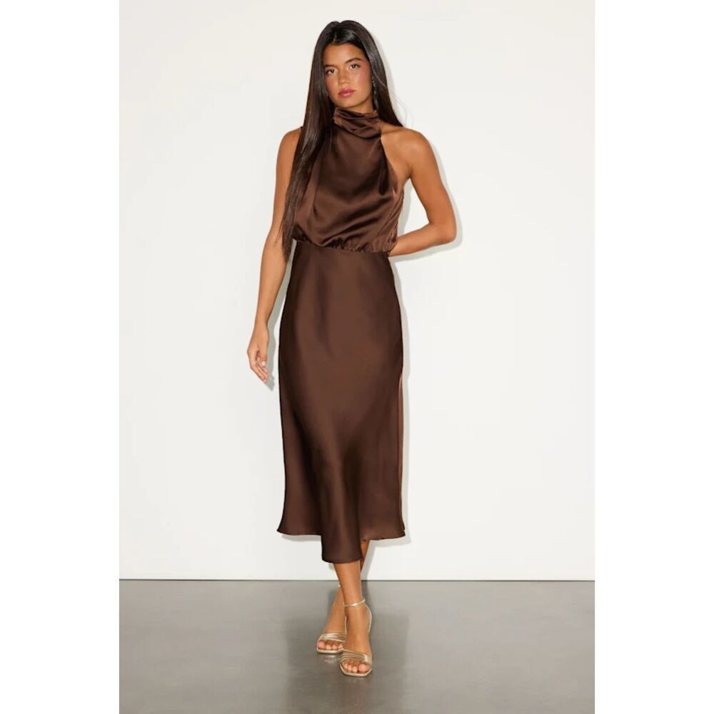 NWT CHERLEY Brown Satin Asymmetrical Sleeveless Mock Neck Midi Dress Size XS